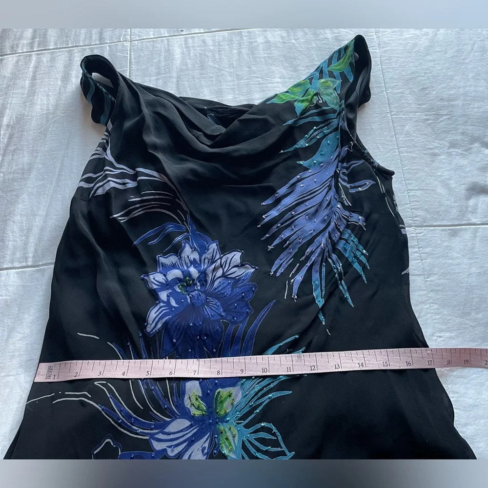 Vintage Eva Blue Dark Floral Beaded Cowl Neck Asymmetric Slip Dress 8 Fairycore - Picture 6 of 8